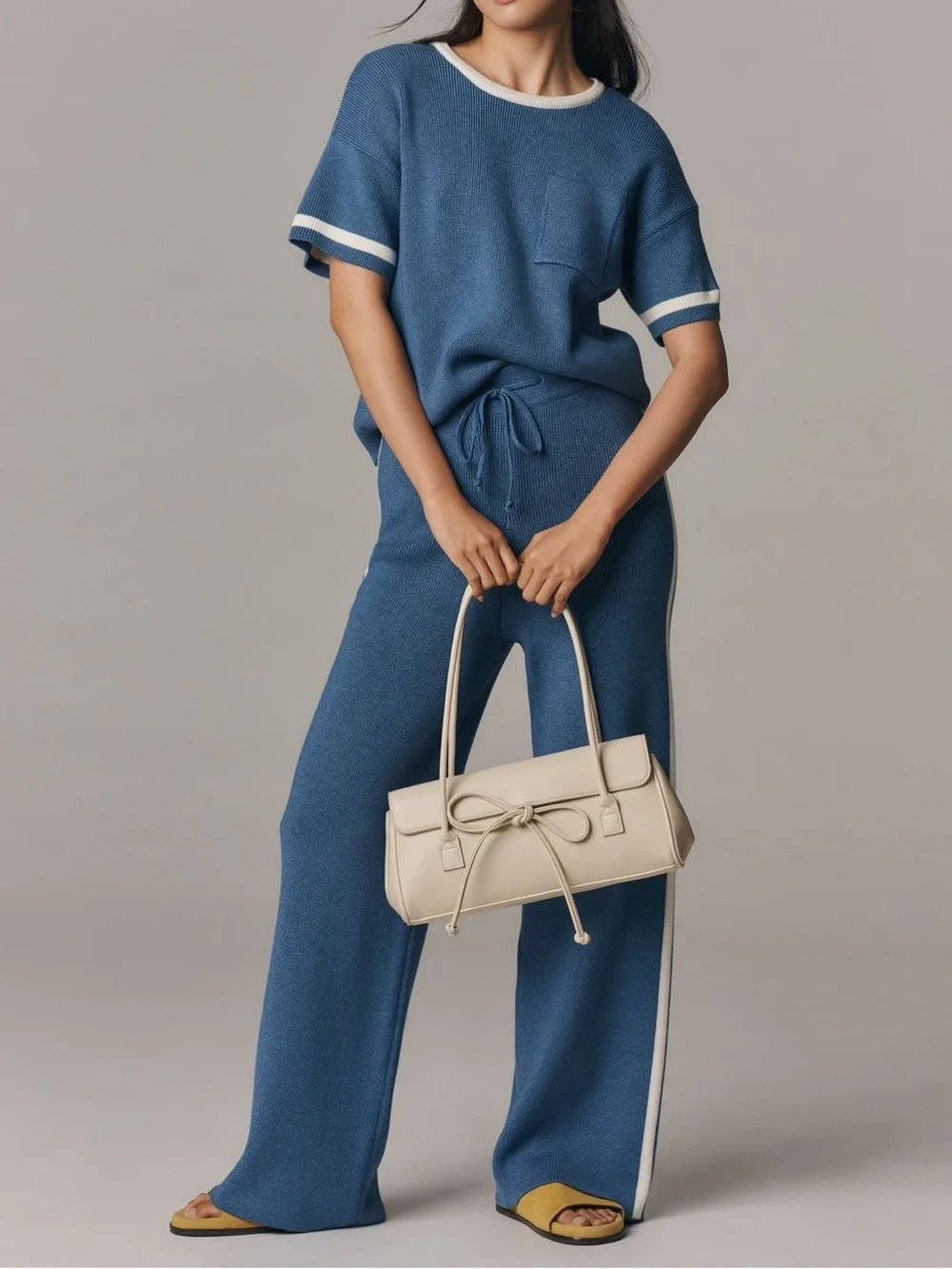 Maeve Wide-Leg Knit Pants with Side Stripes - Blue sz M NEW